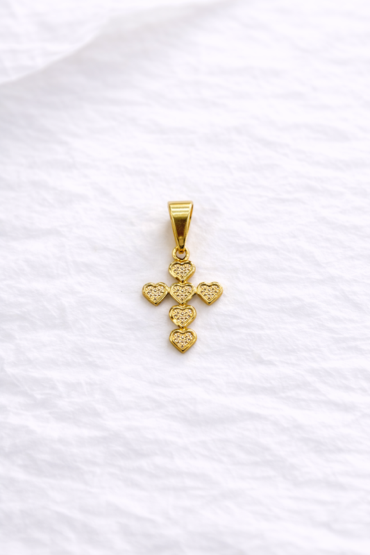Dije cruz de corazones dorados