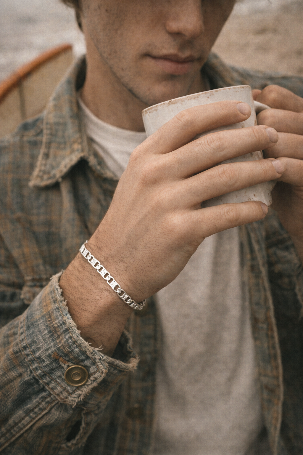 Pulsera Masculina Tejido Escalera Mateada en Plata 925